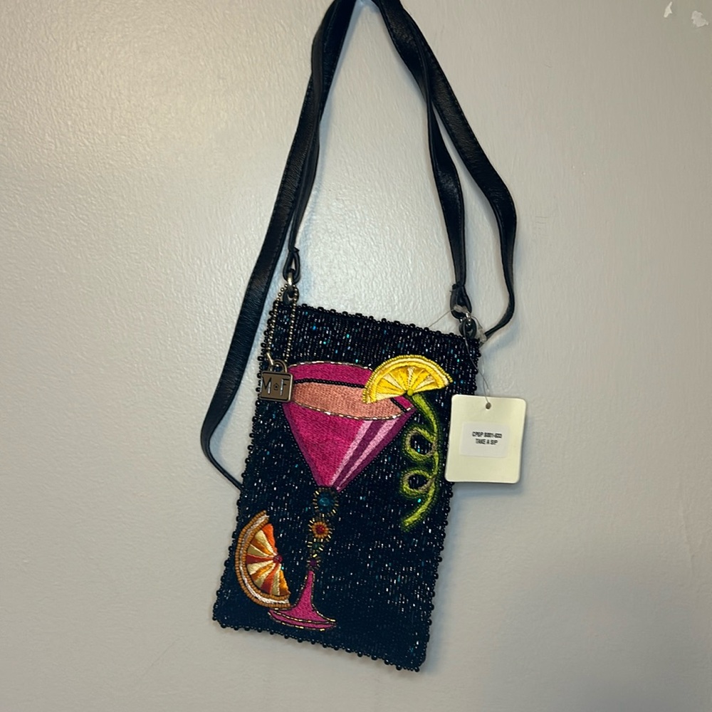Mary Frances Black Beaded Crossbody Bag with Cocktail Design